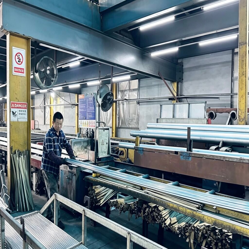 Vanway Tech aluminum extrusion profiles being processed in the factory production line, showing the cutting and handling stage of industrial-grade aluminum alloy profiles for various applications
