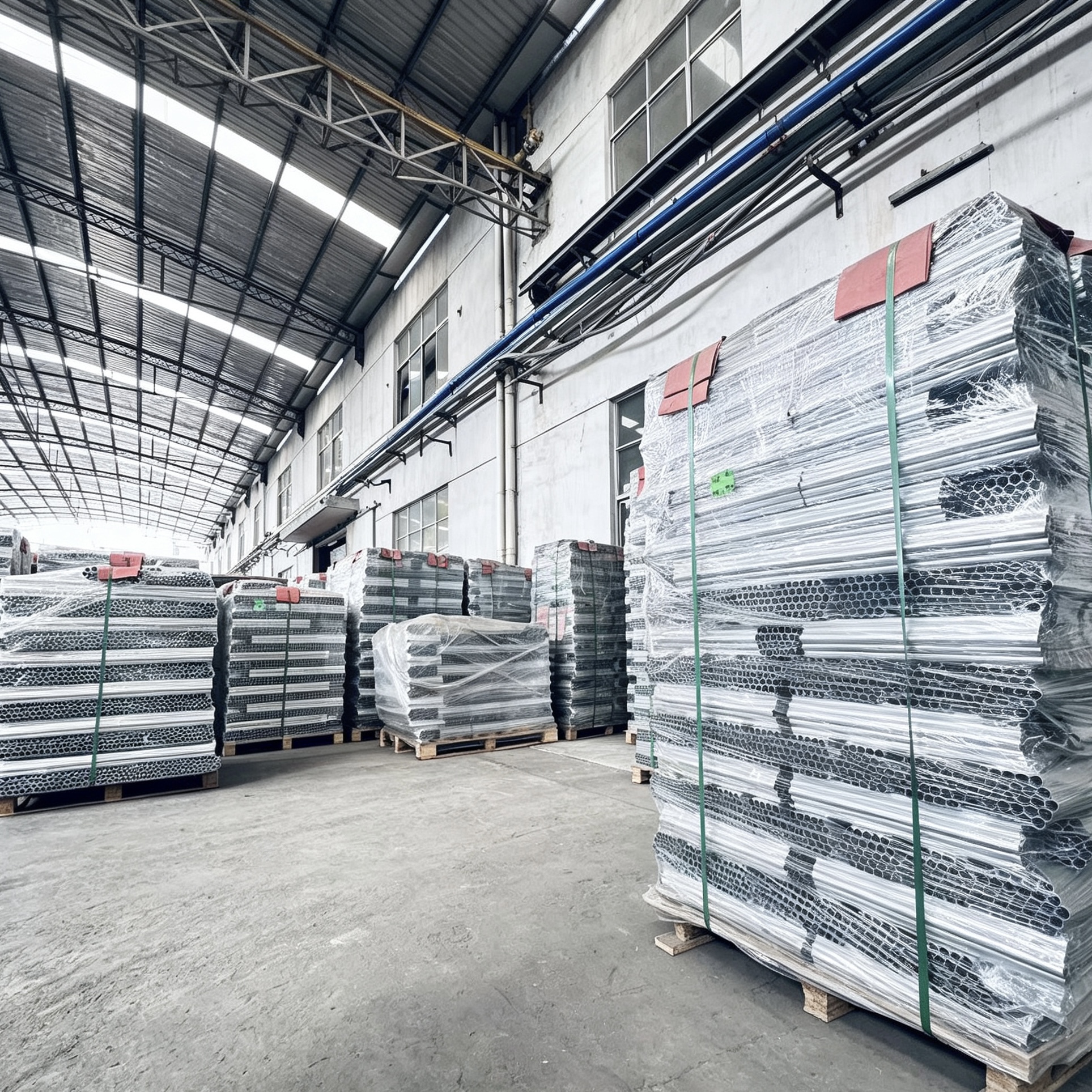 Vanway Tech bulk aluminum extrusion profiles packaged and stacked in the warehouse, ready for shipping, including various types of industrial aluminum alloy extrusions wrapped in protective film and strapped on pallets