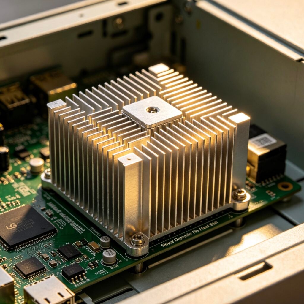 Vanway Tech skived high density fin heat sink mounted on PCB board, industrial power electronics cooling solution for servers and power supplies