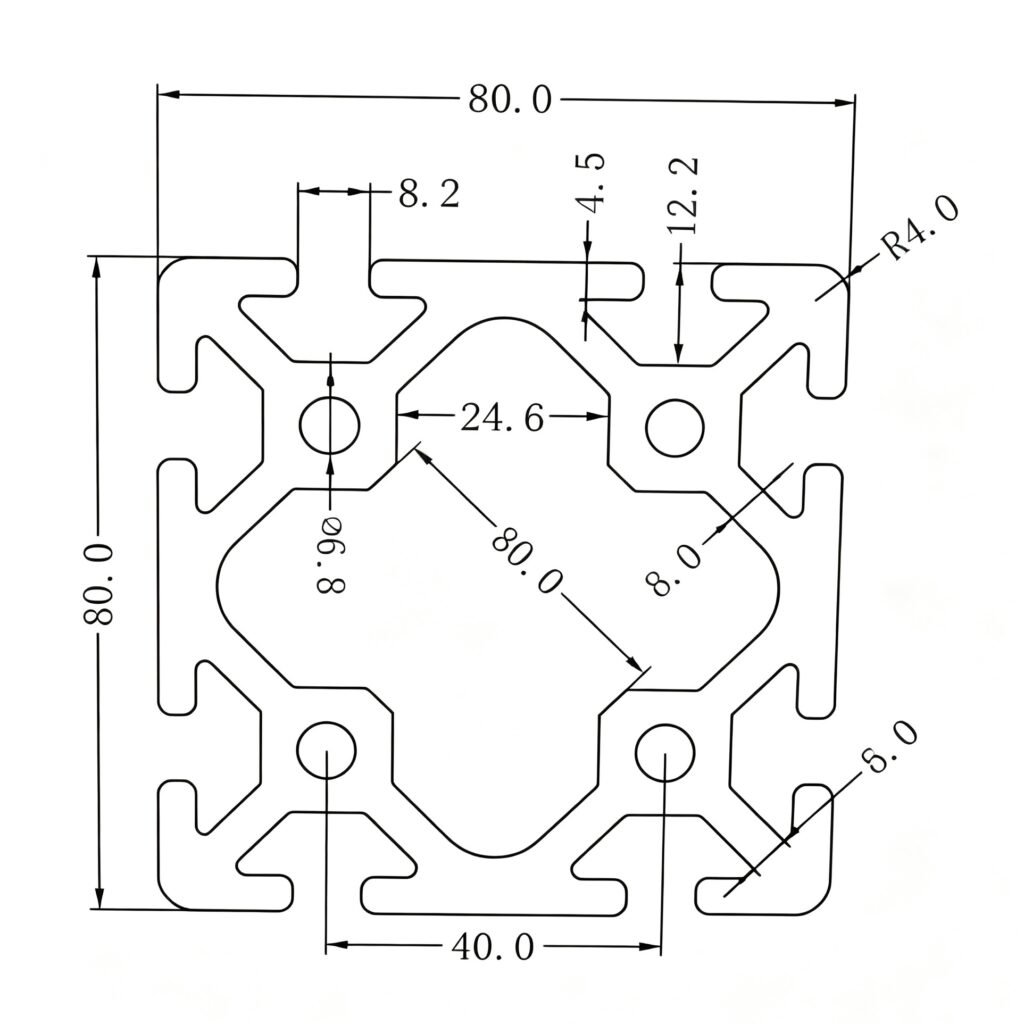 Vanway Tech 80x80mm T-slot aluminum extrusion profile for industrial equipment structural frame, heavy duty 8080 aluminum profile CAD drawing, 6063-T5 extruded aluminum bracket for automation machinery workbench and guardrail