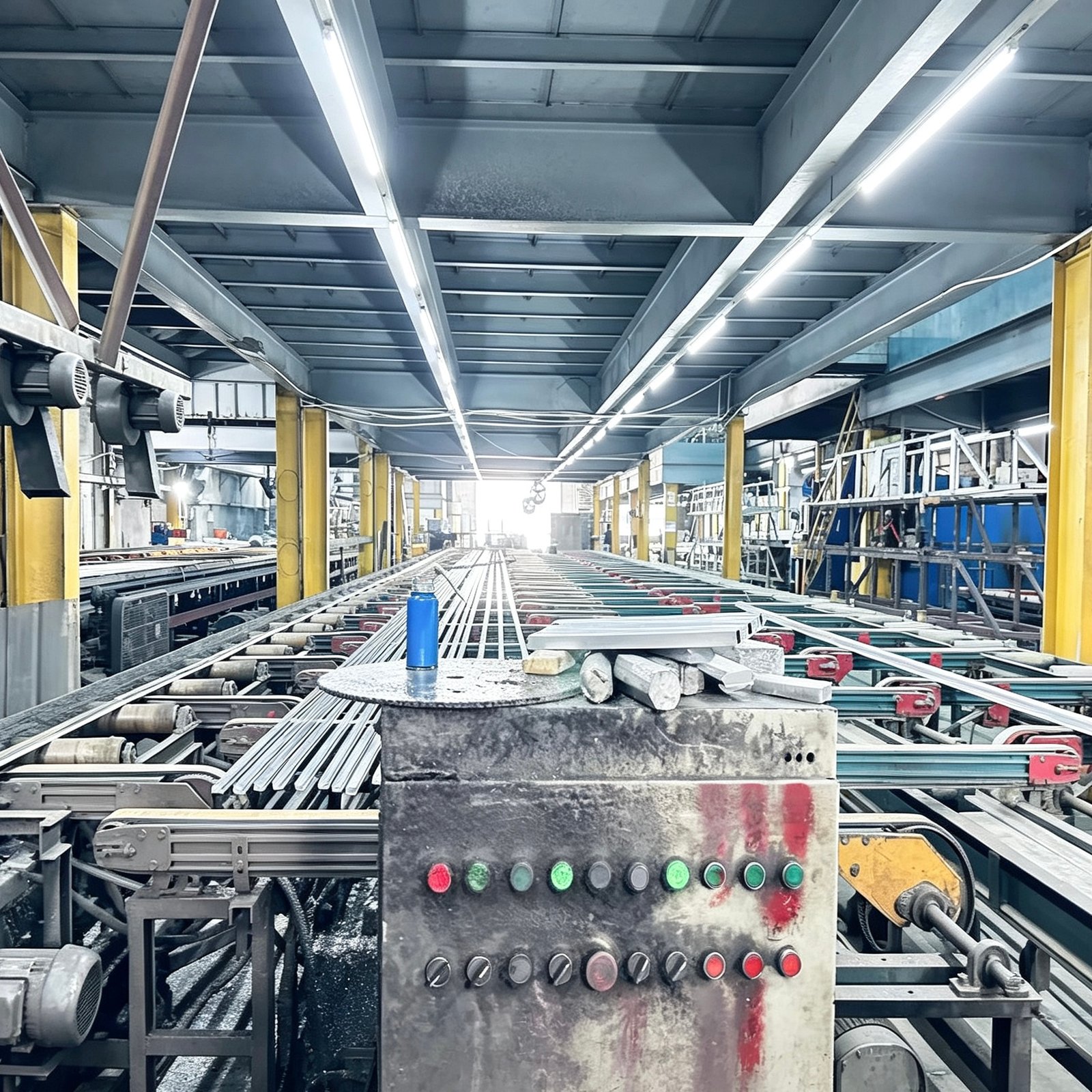 Vanway Tech aluminum extrusion profiles moving on the conveyor belt in the factory production line, showing the automated manufacturing process of industrial-grade aluminum alloy profiles before surface treatment