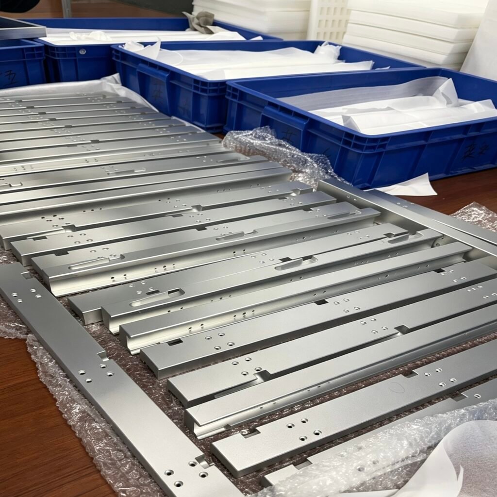 Vanway Tech custom CNC machined automotive aluminum extrusion parts, precision drilled and slotted 6063-T5 alloy automotive aluminum components with silver anodized finish, custom extruded aluminum structural parts for automotive applications
