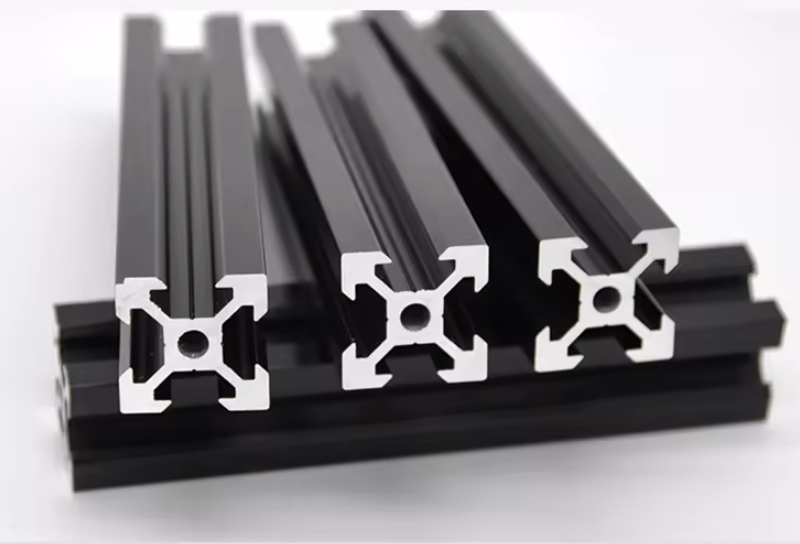 Vanway Tech black anodized T-slot aluminum extrusion profiles, including 2020, 3030, and 4040 series, durable and corrosion-resistant aluminum alloy extrusions for industrial frames, workstations, 3D printers and automation equipment