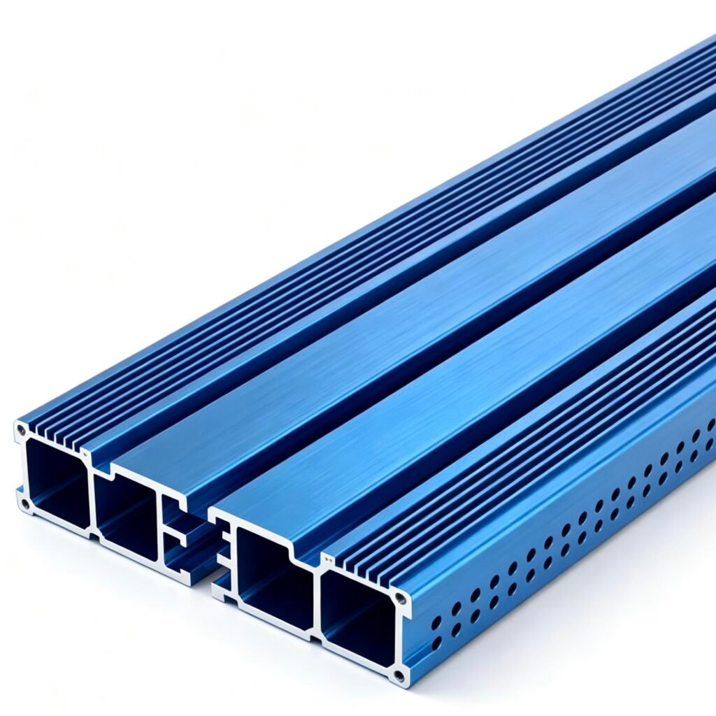 Vanway Tech blue anodized custom extruded aluminum profile, 6063-T5 alloy industrial aluminum extrusion, heat sink and structural frame profile with drilled holes for electronics and equipment applications
