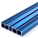 Vanway Tech blue anodized custom extruded aluminum profile, 6063-T5 alloy industrial aluminum extrusion, heat sink and structural frame profile with drilled holes for electronics and equipment applications