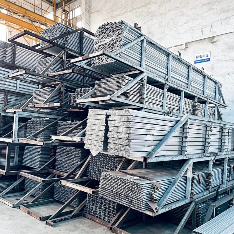 Vanway Tech bulk aluminum extrusion profiles stored in the warehouse waiting for anodizing treatment, various types of industrial-grade aluminum alloy extrusions ready for further processing and distribution