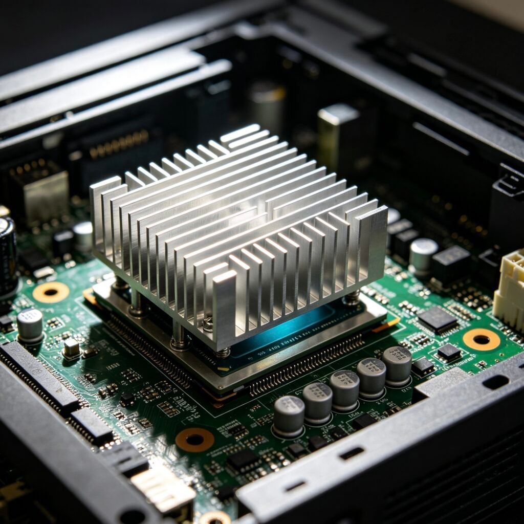 Vanway Tech custom aluminum heat sink mounted on industrial PCB, designed for high-performance processor cooling in electronic equipment applications.