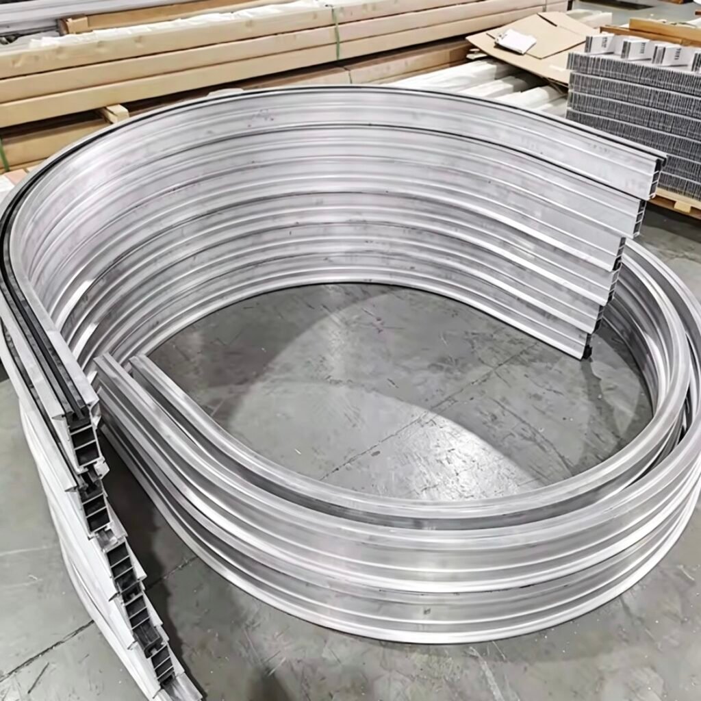 Vanway Tech custom bent curved aluminum extrusion profile, 6063-T5 alloy extruded aluminum rail with precise bending, custom curved aluminum components for industrial conveyor track, automation frame and special-shaped structural applications