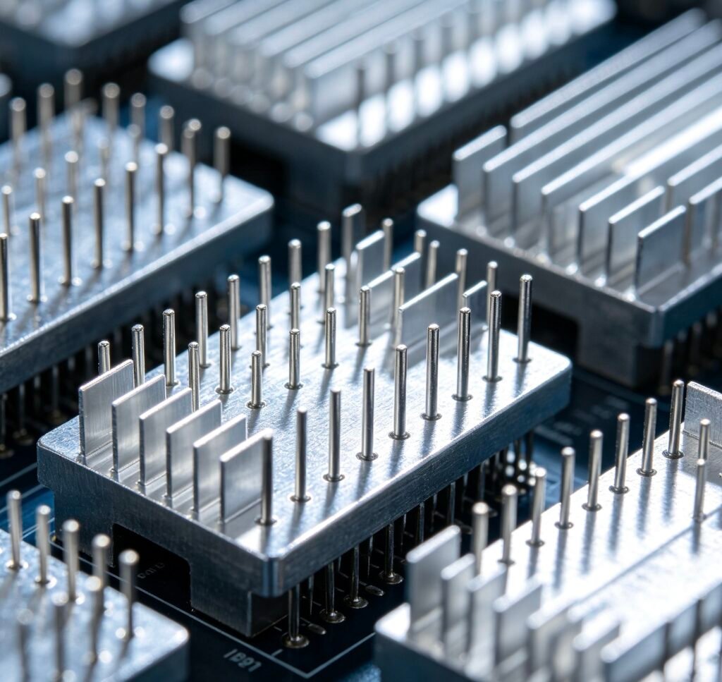 Vanway Tech custom pin fin heat sinks installed on PCB, precision aluminum pin fin heatsinks for CPU, GPU and server electronic component cooling