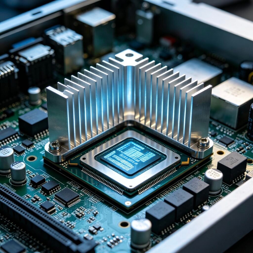 Vanway Tech extruded custom heat sink installed on an embedded circuit board, optimized for thermal management in high-power electronic systems.
