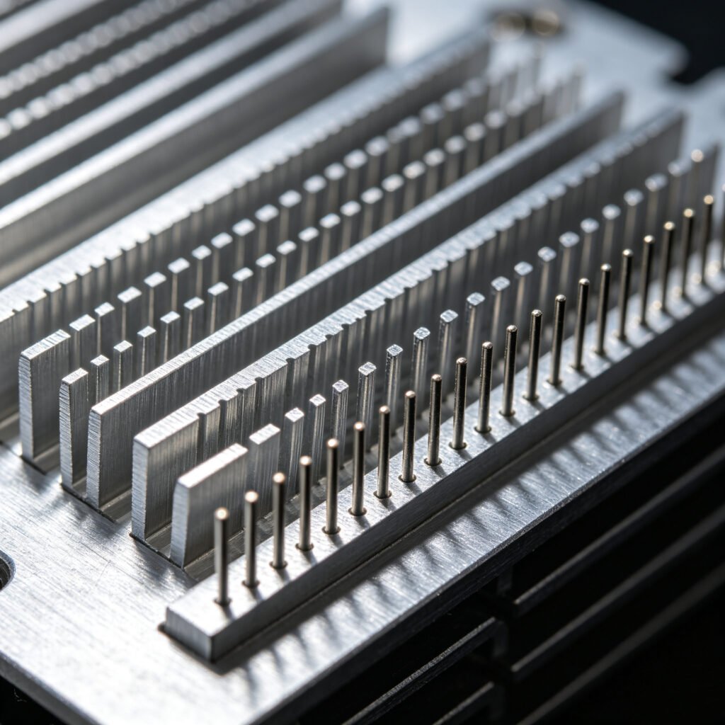 Vanway Tech Close-Up of Hybrid Pin Fin Heat Sink, Precision-Cut Aluminum Heatsink for High Heat Dissipation in Industrial Equipment