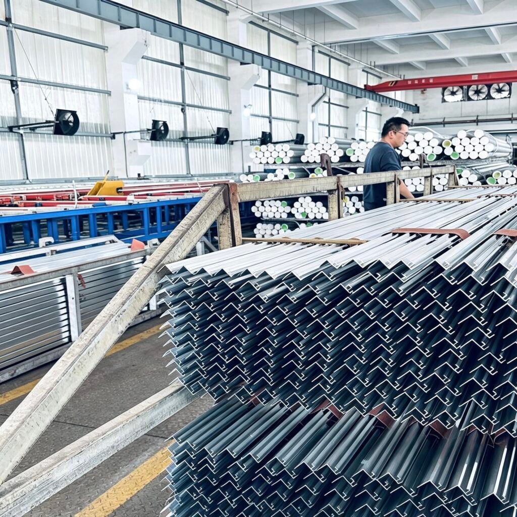 Vanway Tech industrial aluminum extrusion profiles in the manufacturing workshop, showing custom-shaped aluminum alloy extrusions during production, ideal for industrial equipment, automotive, and construction applications