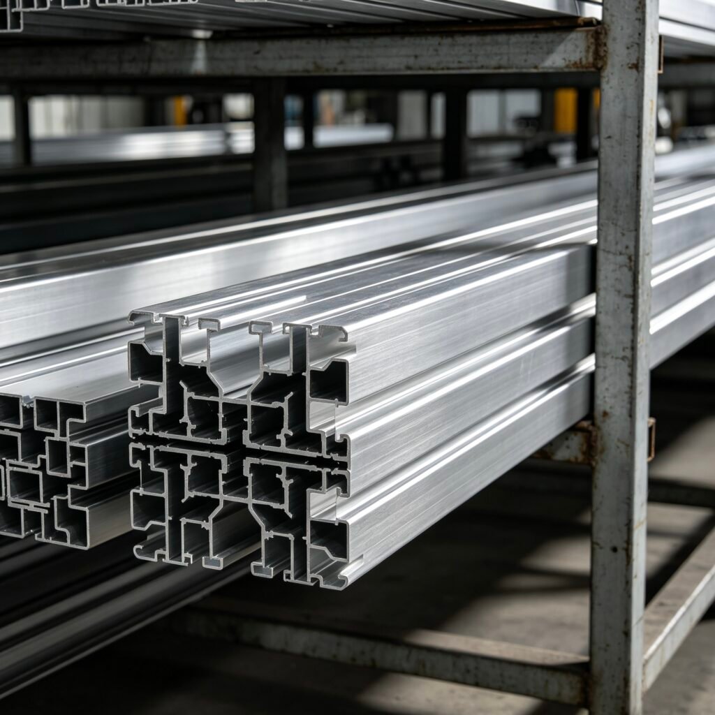 Vanway Tech stacked heavy duty industrial aluminum extrusions in factory storage rack, bulk industrial aluminum profiles for manufacturing