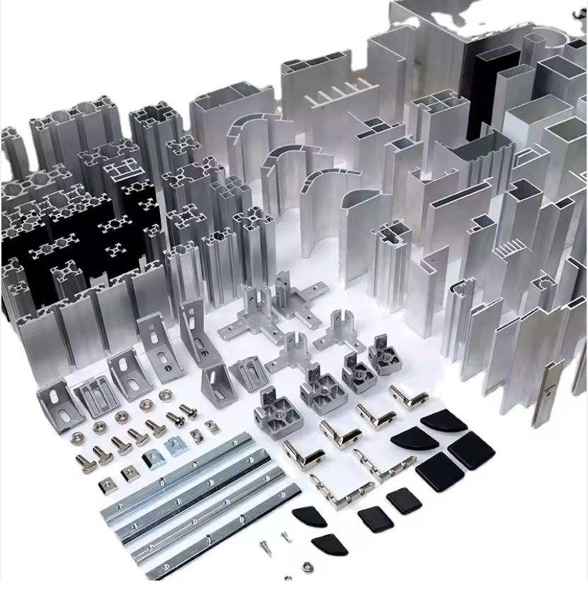 Vanway Tech complete T-slot aluminum extrusion profiles kit with connectors, brackets, screws and end caps, including 20/30/40/45 series silver and black anodized aluminum profiles for building industrial equipment frames, workstations and automation structures