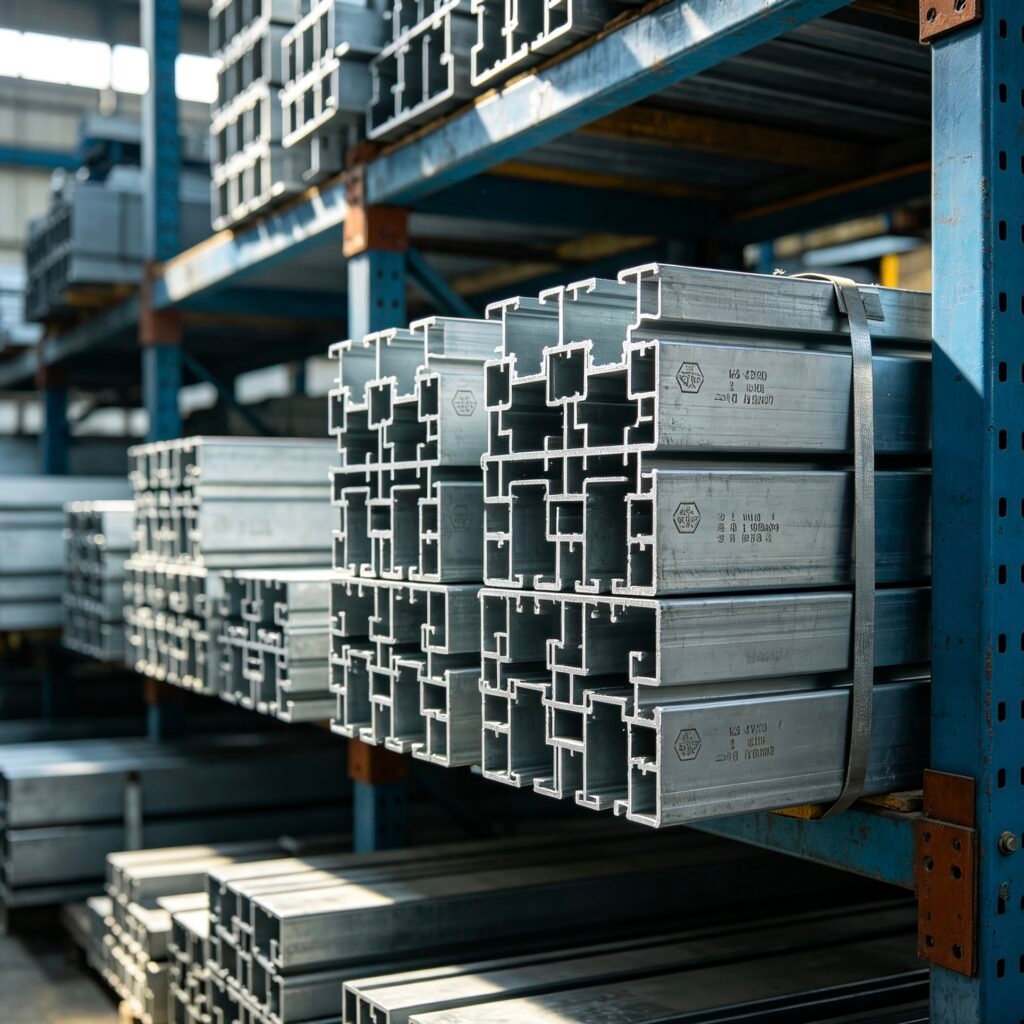 Vanway Tech equipment structural extrusion profiles neatly organized on industrial warehouse storage racks