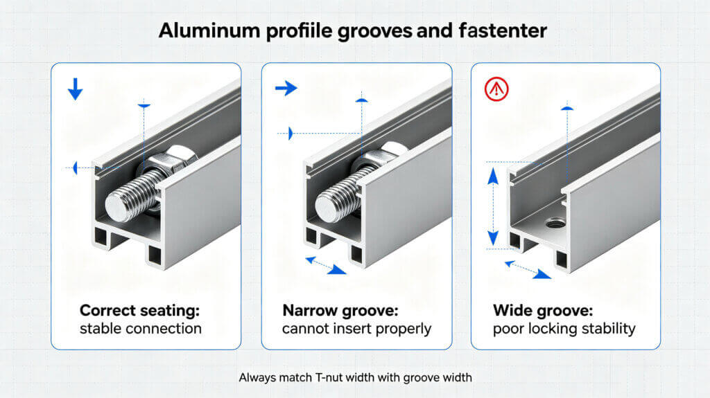 Comparison diagram of qualified, narrow and wide T-slot for 2020 aluminum extrusion and T-nut fastener matching error