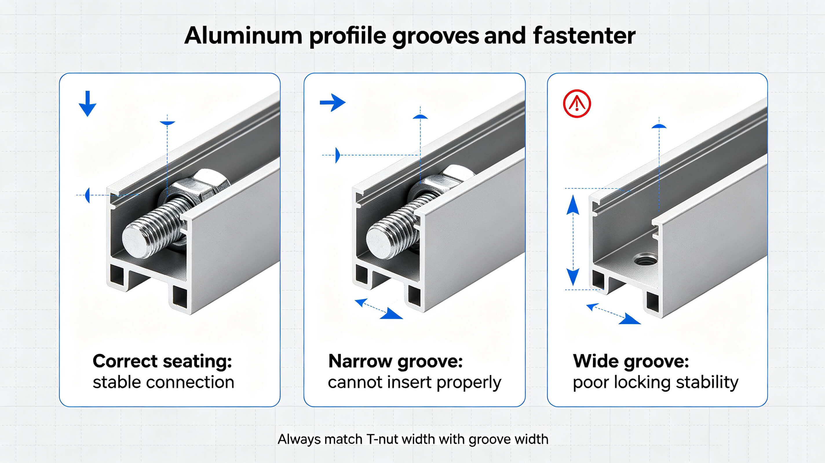 Comparison diagram of qualified, narrow and wide T-slot for 2020 aluminum extrusion and T-nut fastener matching error - Vanway Tech